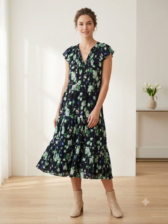 Style & Co. Dresses & Skirts - Style & Co. Navy Floral V-Neck Midi Dress with Green Accents